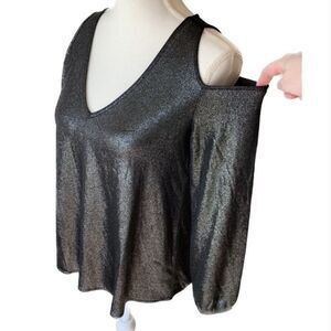Eclair Shimmer Knit Stretch Peek-A-Boo Shoulder Blouse